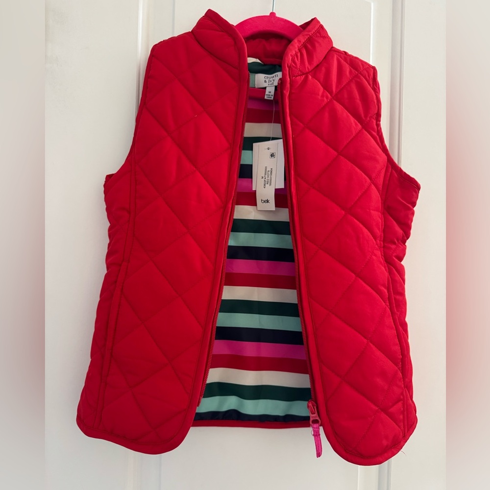 NWT Crown & Ivy Kids Quilted Puffer Vest M Red Full Zip Outerwear Fall Colorful